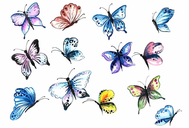 Dibujar a mano colección de diseño de acuarela de mariposas muy coloridas