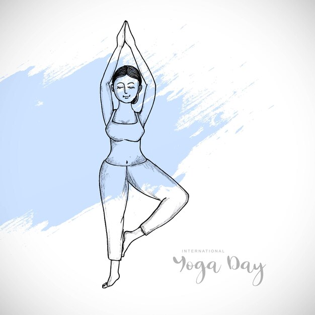 Dibujar a mano el día internacional del yoga mujeres boceto diseño de tarjeta