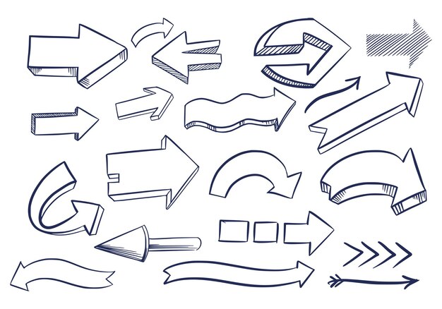 Dibujar a mano diferentes flechas boceto diseño de conjunto