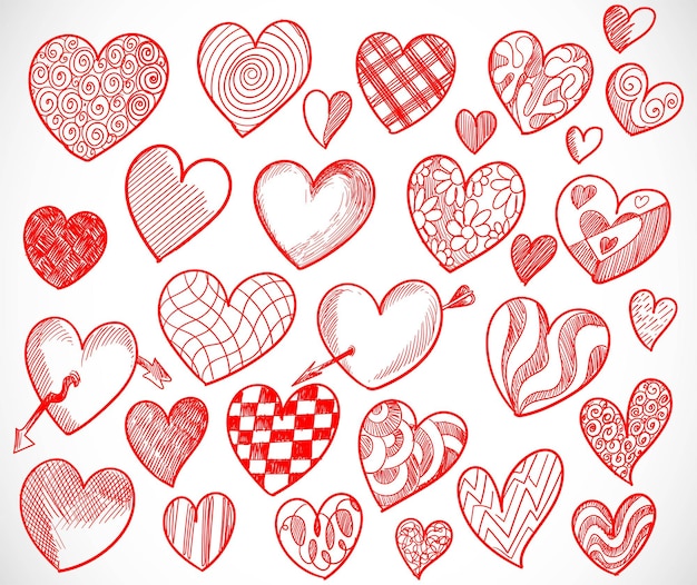 Dibujar a mano el diseño del boceto de la colección de corazones del día de san valentín