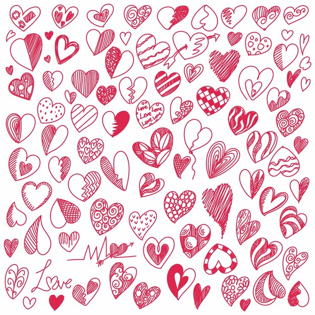 Dibujar a mano el diseño del boceto de la colección de corazones del día de san valentín