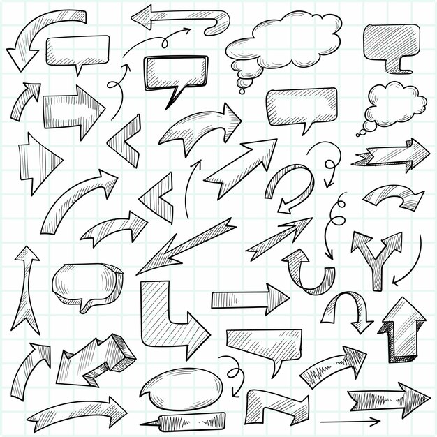 Dibujar a mano doodle geométrica flecha y conjunto de burbujas de discurso