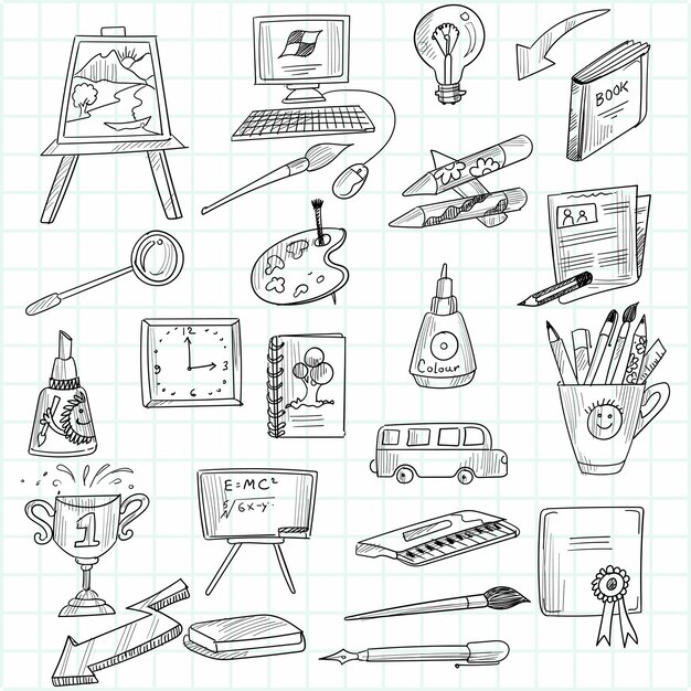 Dibujar a mano educación doodle dibujo conjunto de iconos