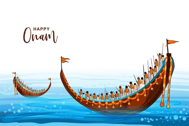 Dibujar a mano el feliz festival de Onam del sur de la India en una carrera de barcos serpiente diseño de tarjeta de celebración