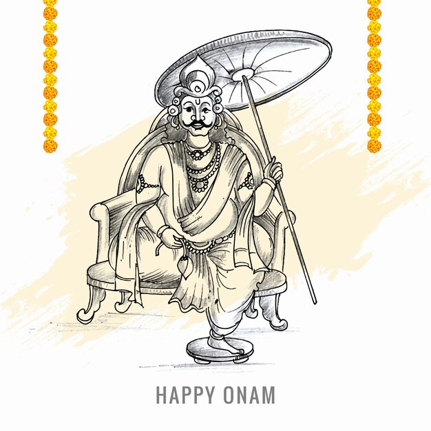 Dibujar a mano feliz onam festival del sur de la india en el diseño de boceto de vacaciones de tarjeta