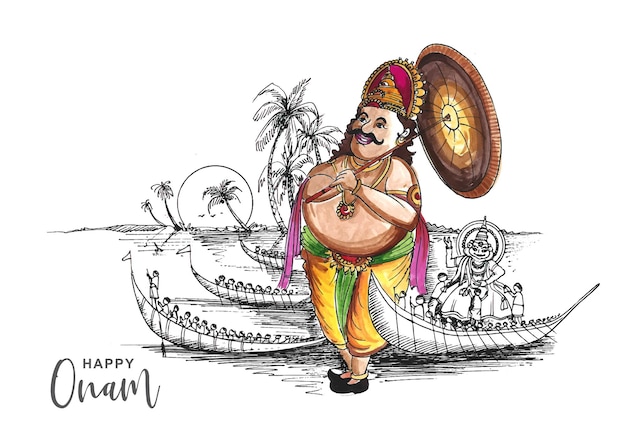 Vector gratuito dibujar a mano feliz onam festival del sur de la india en el diseño de boceto de vacaciones de tarjeta