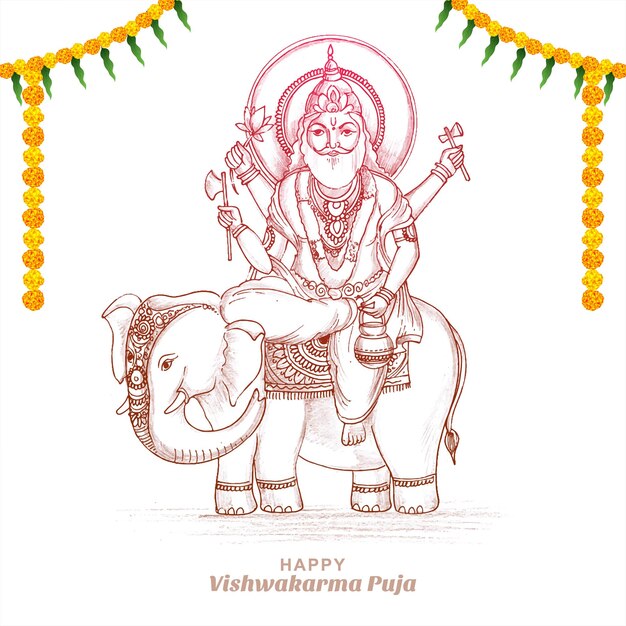 Vector gratuito dibujar a mano feliz vishwakarma puja boceto colorido diseño de tarjeta de celebración