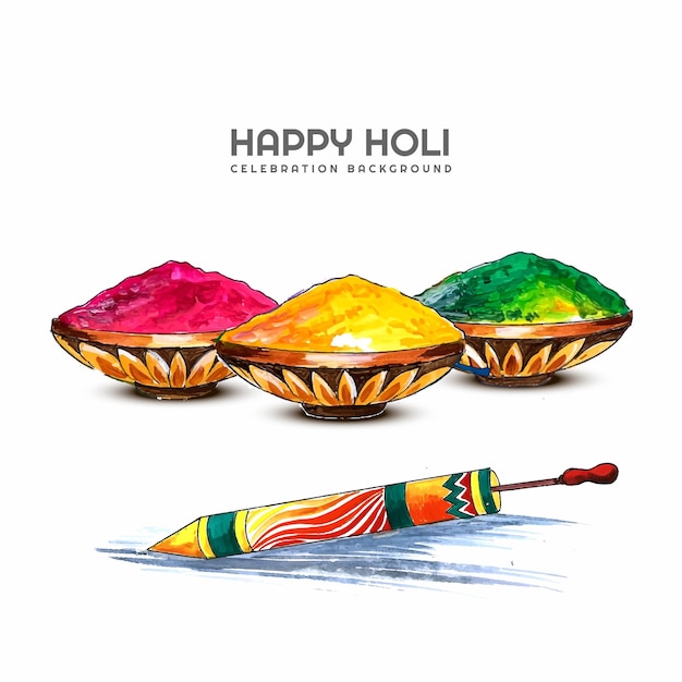 Dibujar a mano gulal colorido en un cuenco de barro para el fondo de la tarjeta happy holi