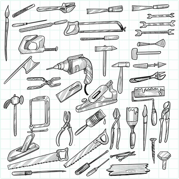 Dibujar a mano herramientas de construcción conjunto de bocetos