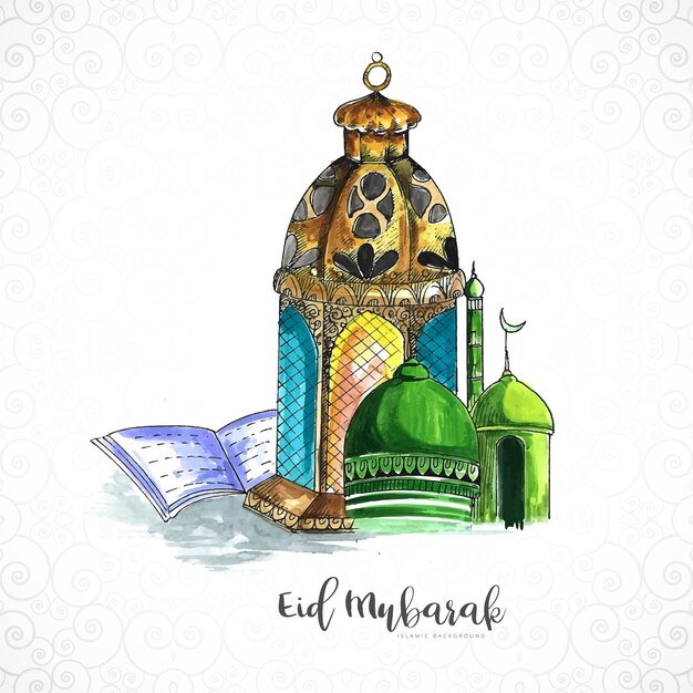 Dibujar a mano lámparas árabes y diseño de tarjeta de mezquita eid mubarak