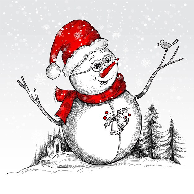 Dibujar a mano lindos muñecos de nieve alegres bosquejo fondo de tarjeta de feliz Navidad