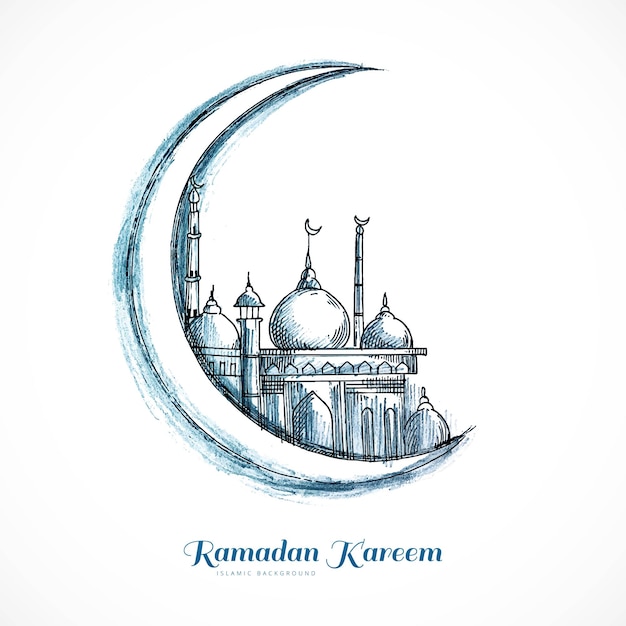 Vector gratuito dibujar a mano la luna y la mezquita dibujan el fondo de ramadan kareem