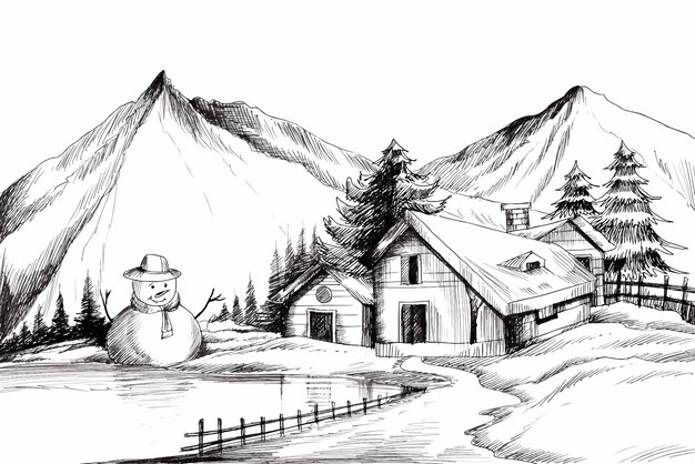 Dibujar a mano paisajes de invierno de navidad de clima frío y escarcha fondo de boceto de árbol de navidad