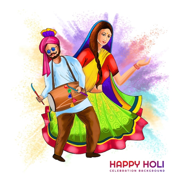 Vector gratuito dibujar a mano pareja divertida danza celebración festival colorido holi tarjeta de fondo