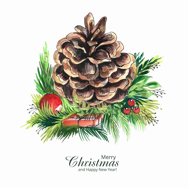 Dibujar a mano ramas de corona de navidad con diseño de tarjeta de conos de pino