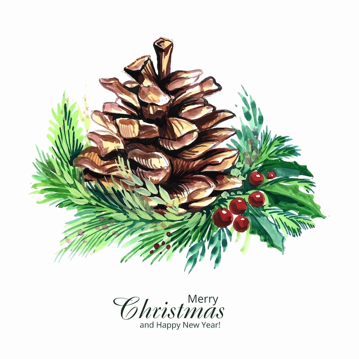 Vector gratuito dibujar a mano ramas de corona de navidad con diseño de tarjeta de conos de pino
