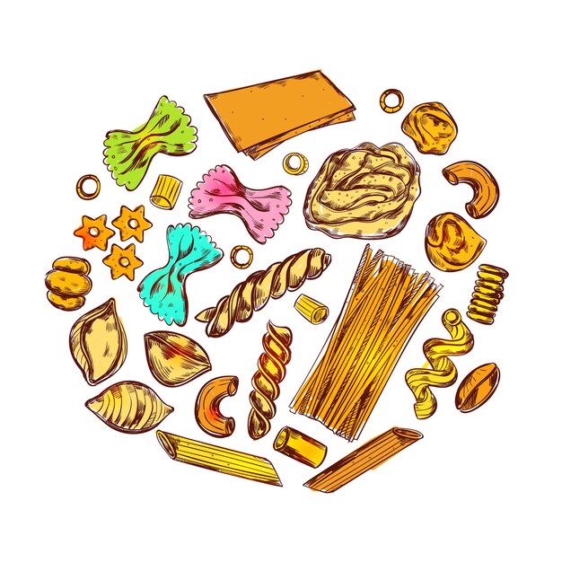 Dibuje la composición redonda de pasta con varios productos alimenticios y diferentes tipos de macarrones en iconos decorativos