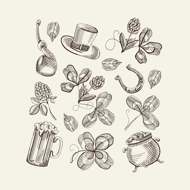Dibuje los elementos del día de San Patricio con sombrero trébol cerveza herradura pipa de fumar olla con oro aislado ilustración vectorial