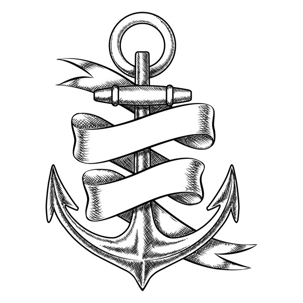 Dibujo de ancla de vector dibujado a mano con cinta en blanco. Objeto aislado náutico, ilustración de tatuaje marino vintage