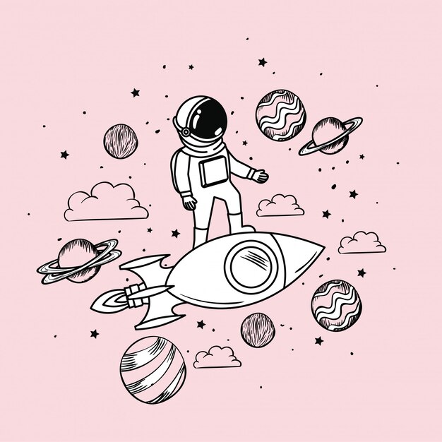 Dibujo de astronauta con cohete y planetas.