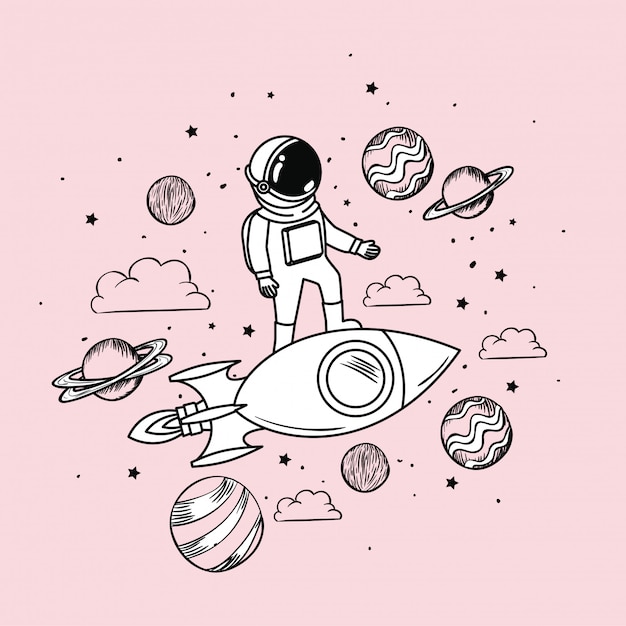 Dibujo de astronauta con cohete y planetas.