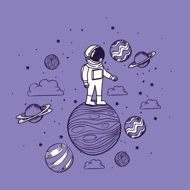 Dibujo de astronauta con planetas.
