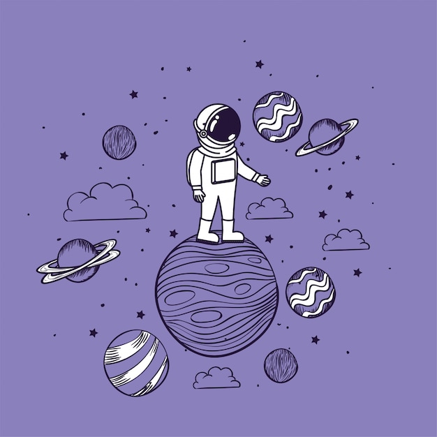 Dibujo de astronauta con planetas.