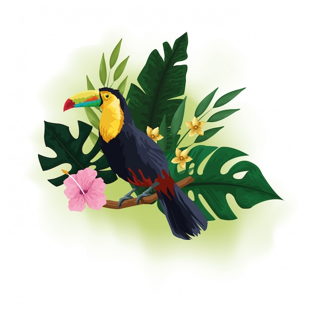 Dibujo de aves exóticas y flores tropicales.