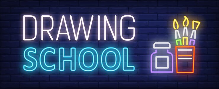 Vector gratuito dibujo de escuela de neón con pinceles y botella.