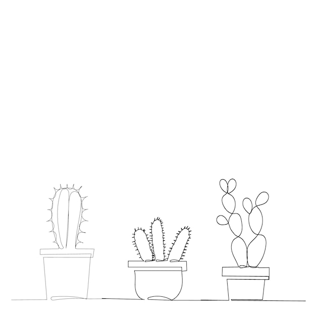 Dibujo de línea continua aislado vectorial de un cactus en un conjunto de macetas Vector Premium 