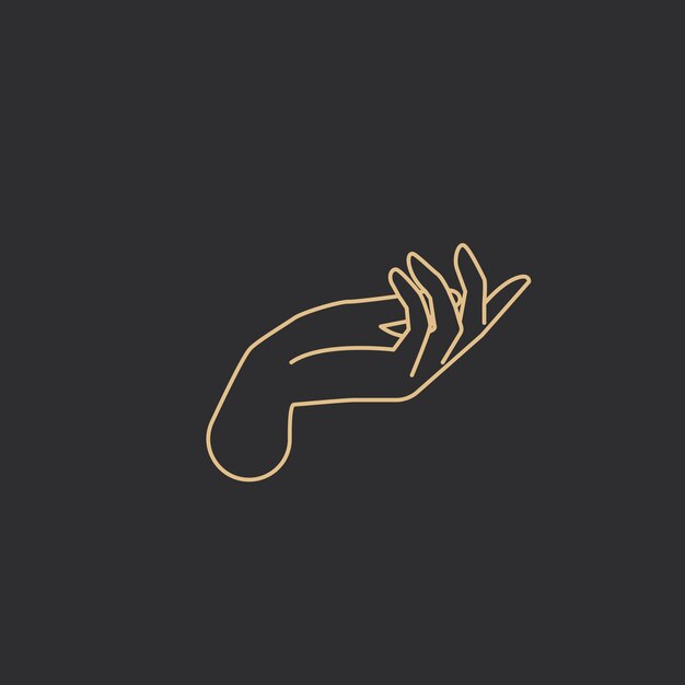 Dibujo lineal dorado de la mano de la palma mística en negro