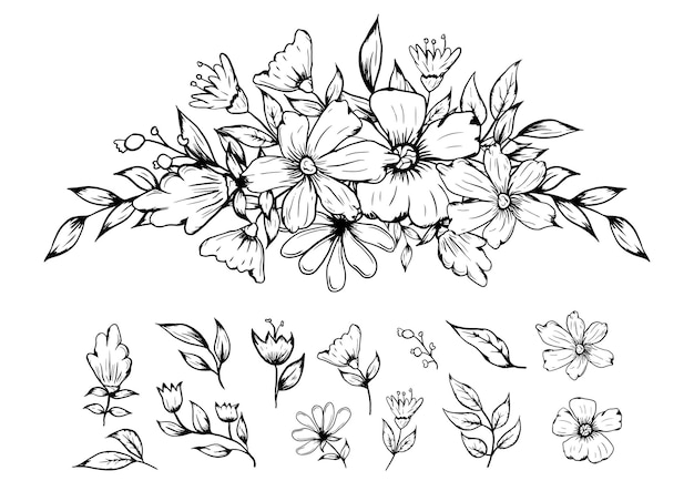 Dibujo lineal flores ramo arreglo decoración set