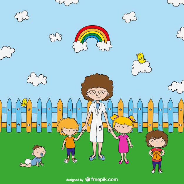 Vector gratuito dibujo de maestra con niños