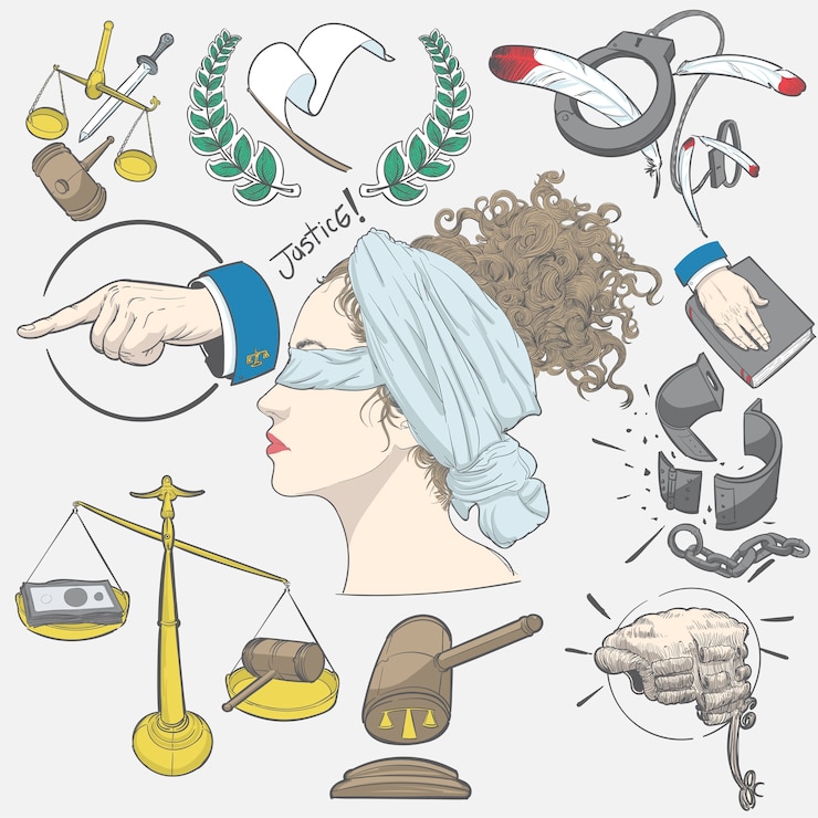 Vector gratuito dibujo a mano ilustración conjunto de justicia