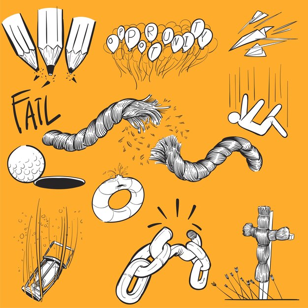 Dibujo a mano ilustración conjunto de misión fallida
