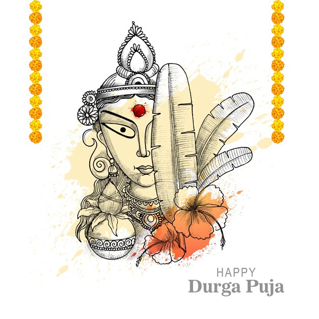 Dibujo a mano sobre fondo de tarjeta de celebración navideña de durga puja