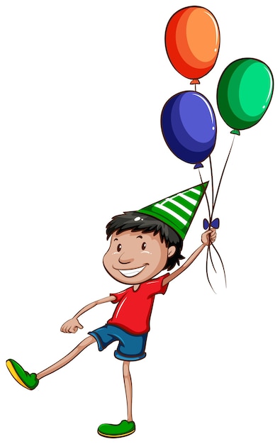 Un dibujo simple de un joven feliz con globos.