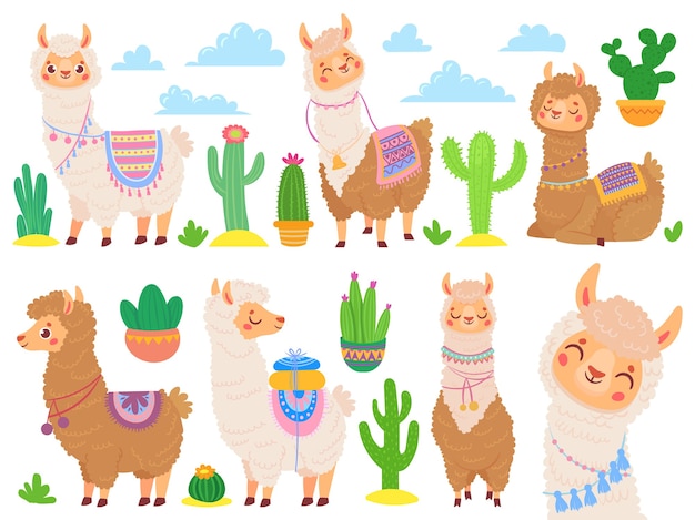 Dibujos animados de alpaca mexicana. Llamas divertidas, animal lindo de dibujos animados y llama con cactus del desierto
