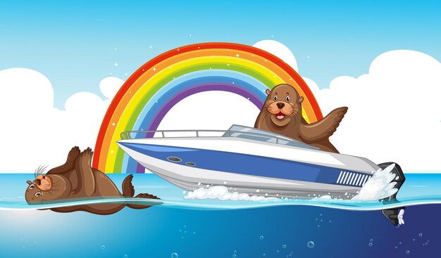 Dibujos animados de animales de leones marinos en el agua con arco iris