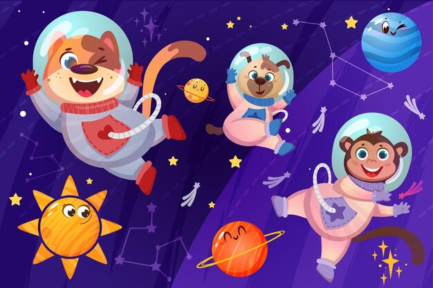Dibujos animados animales lindos astronautas en trajes espaciales volando en espacio abierto