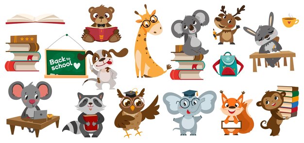 Dibujos animados de animales lindos estudiando y leyendo libros en la escuela