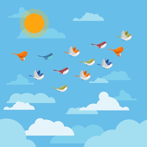 Dibujos animados de aves voladoras en el cielo con nubes y sol ilustración.