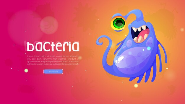 Dibujos animados de bacterias web banner linda célula de virus tuerto o carácter de germen Microorganismo monstruo patógeno sonriente con cara feliz divertida microbio dentudo con cola larga de cuerpo púrpura Ilustración vectorial