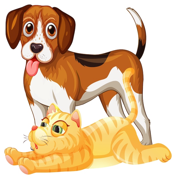 Vector gratuito dibujos animados de beagle y gato sobre fondo blanco