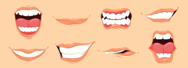 Dibujos animados de la boca del hombre con diferentes emociones sonrisita sonrisa sacando la lengua ira felicidad ilustración vectorial aislada