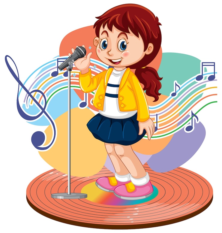 Vector gratuito dibujos animados de chica cantante con símbolos de melodía musical
