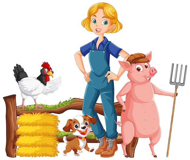 Vector gratuito dibujos animados de chica de granja con animales de granja