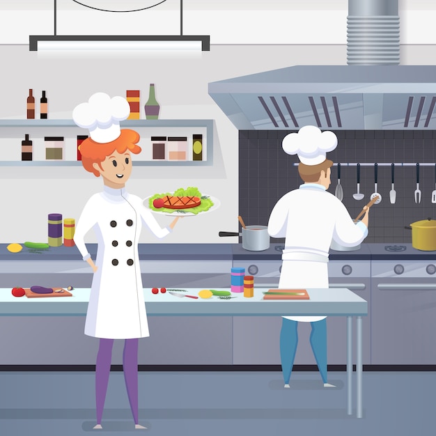 Dibujos animados cocinero sosteniendo listo plato en su mano