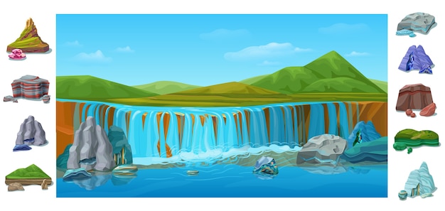 Dibujos animados colorido hermoso paisaje de naturaleza con cascada colinas montañas verdes diferentes piedras y rocas