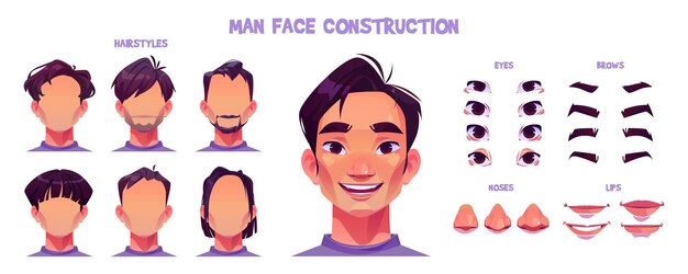Dibujos animados de construcción de cara de hombre asiático en blanco
